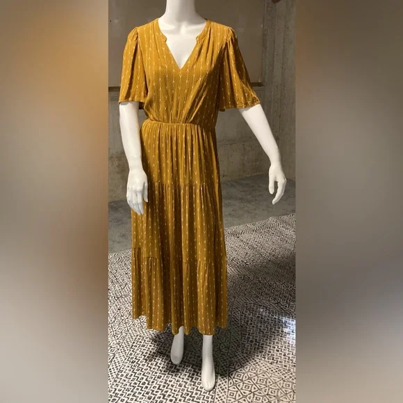 Garnet Hill Gold Maxi Dress Loose Flowy Fit Boho Short Sleeve Woman Size Medium - Picture 7 of 10